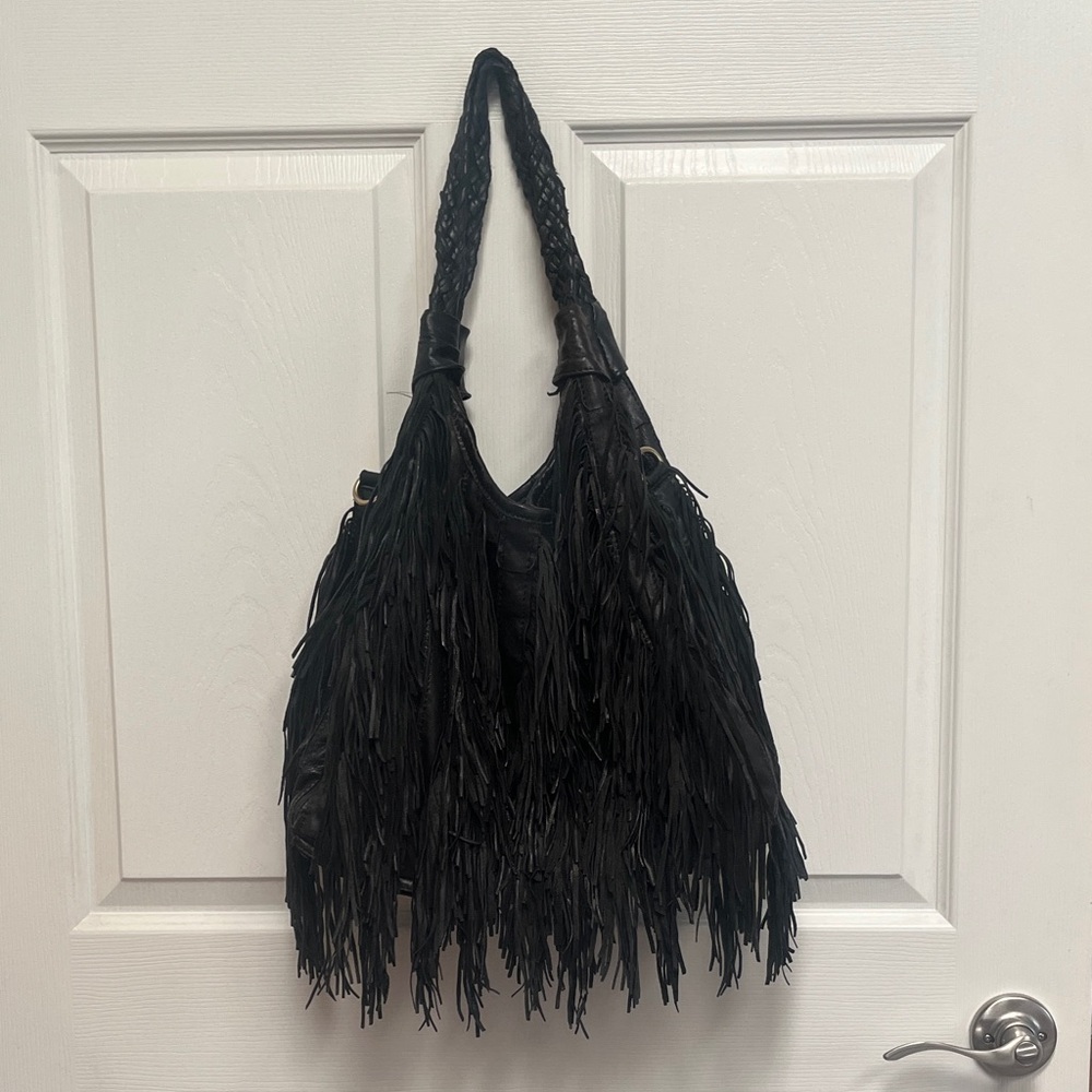 Soft Leather Sleek Black Fringe large Bag
